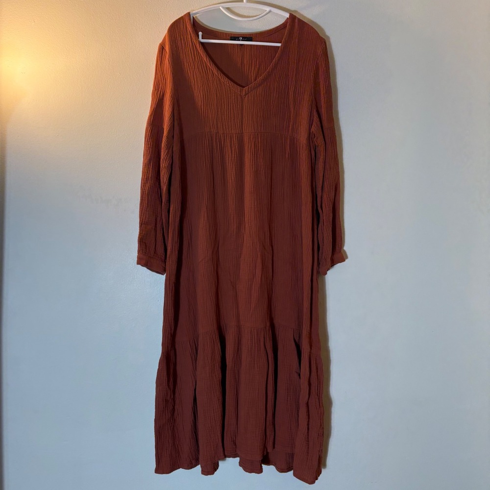 7 For All Mankind Tiered Cotton Gauzy Midi Dress Size Small Burnt Orange - Picture 2 of 8